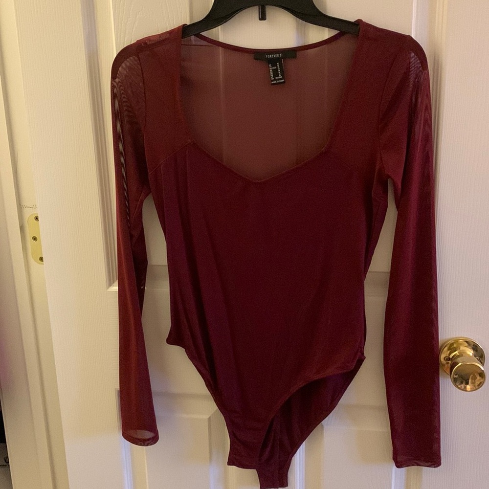 Sheer Maroon Long Sleeve Bodysuit